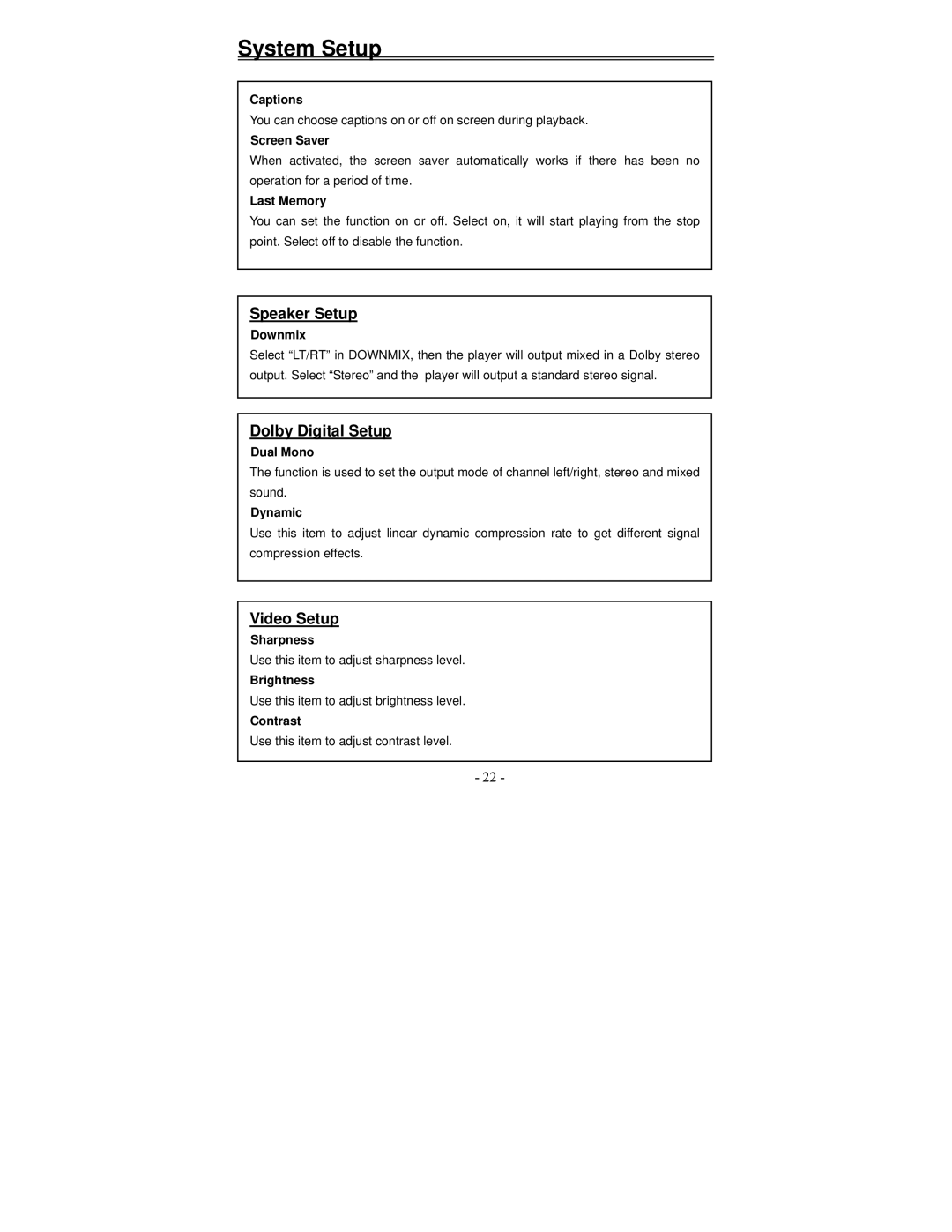 Polaroid PDV-1002A manual Speaker Setup, Dolby Digital Setup, Video Setup 