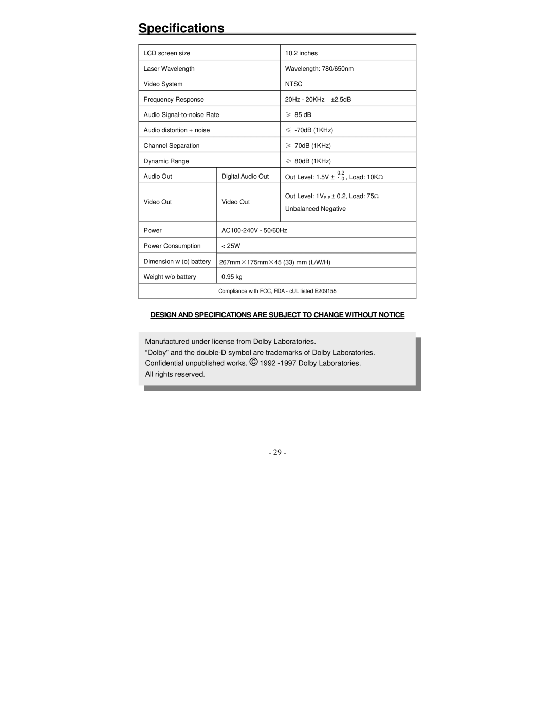 Polaroid PDV-1002A manual Specifications, Ntsc 