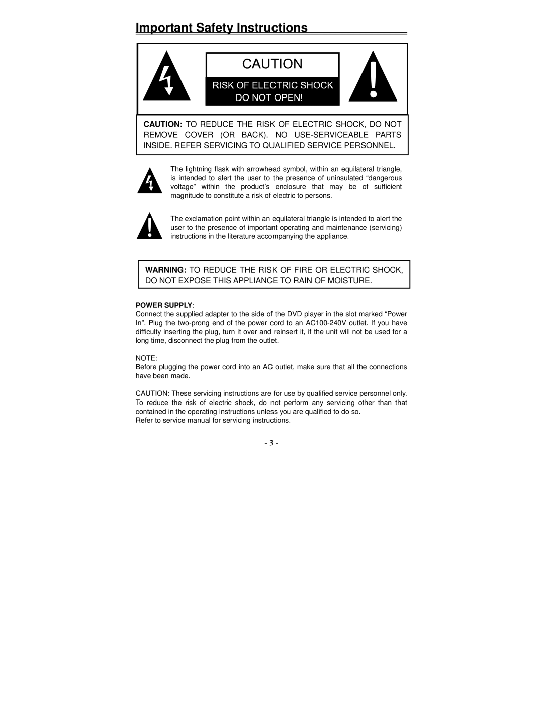 Polaroid PDV-1002A manual Important Safety Instructions, Power Supply 