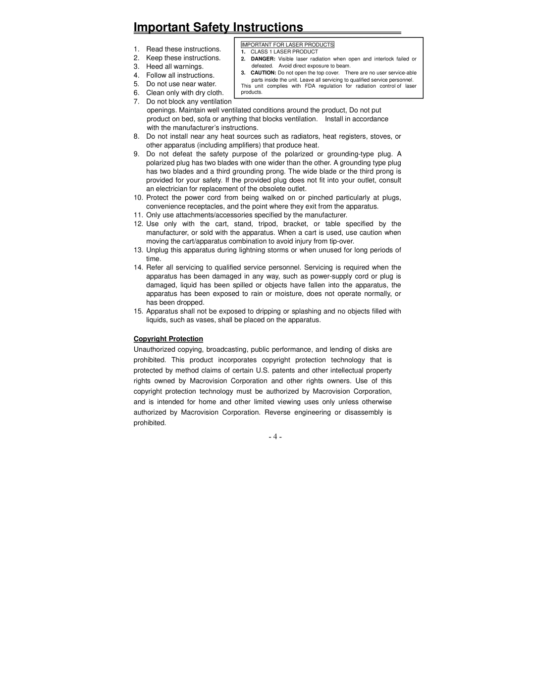 Polaroid PDV-1002A manual Follow all instructions Do not use near water, Copyright Protection 