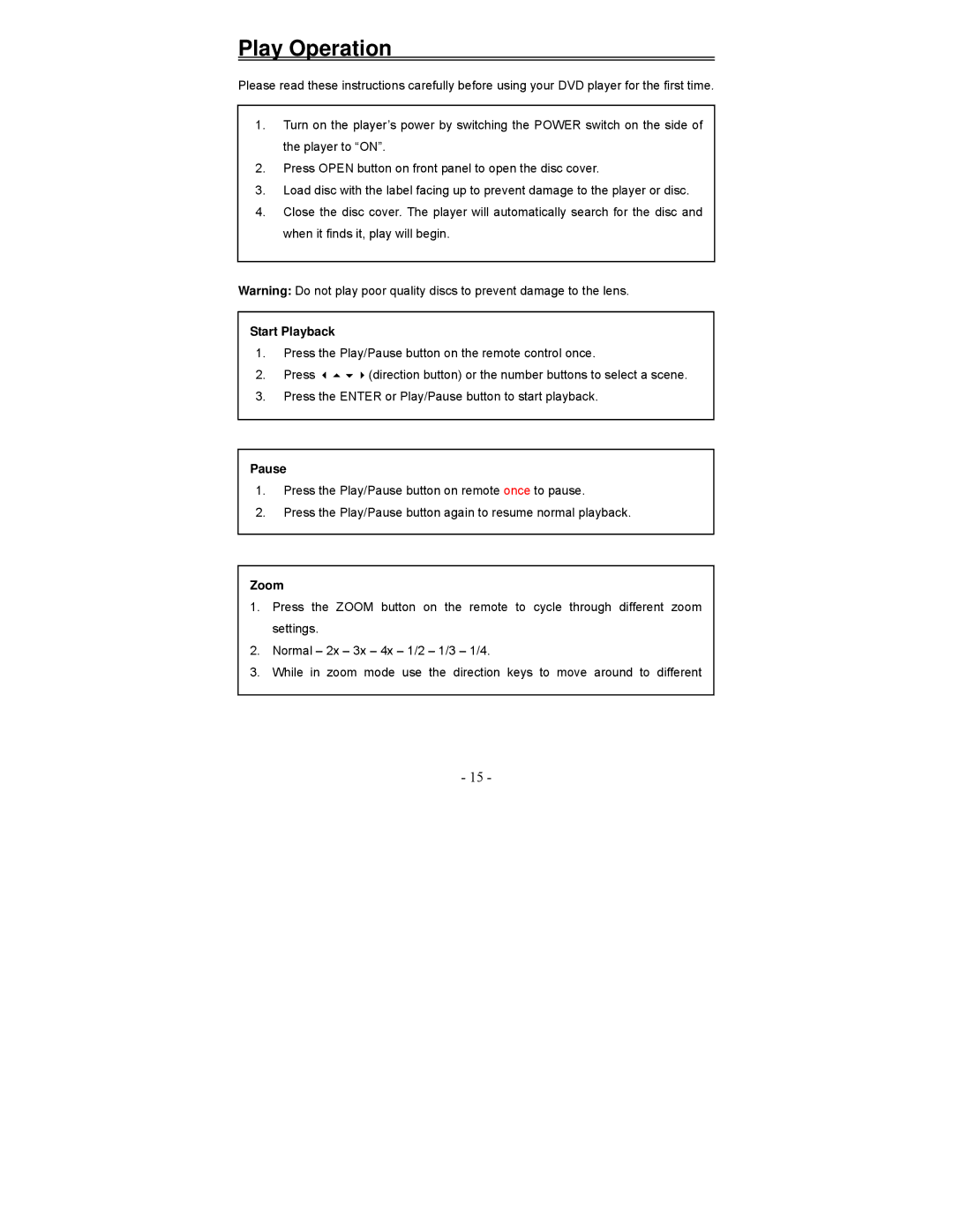 Polaroid PDV-1008N operation manual Play Operation, Start Playback, Pause, Zoom 