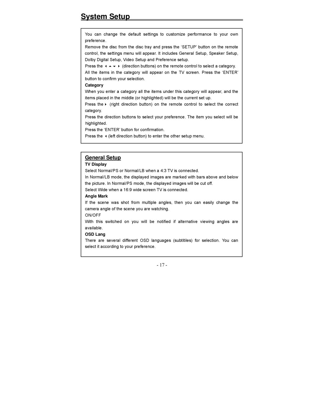 Polaroid PDV-1008N operation manual System Setup, General Setup 