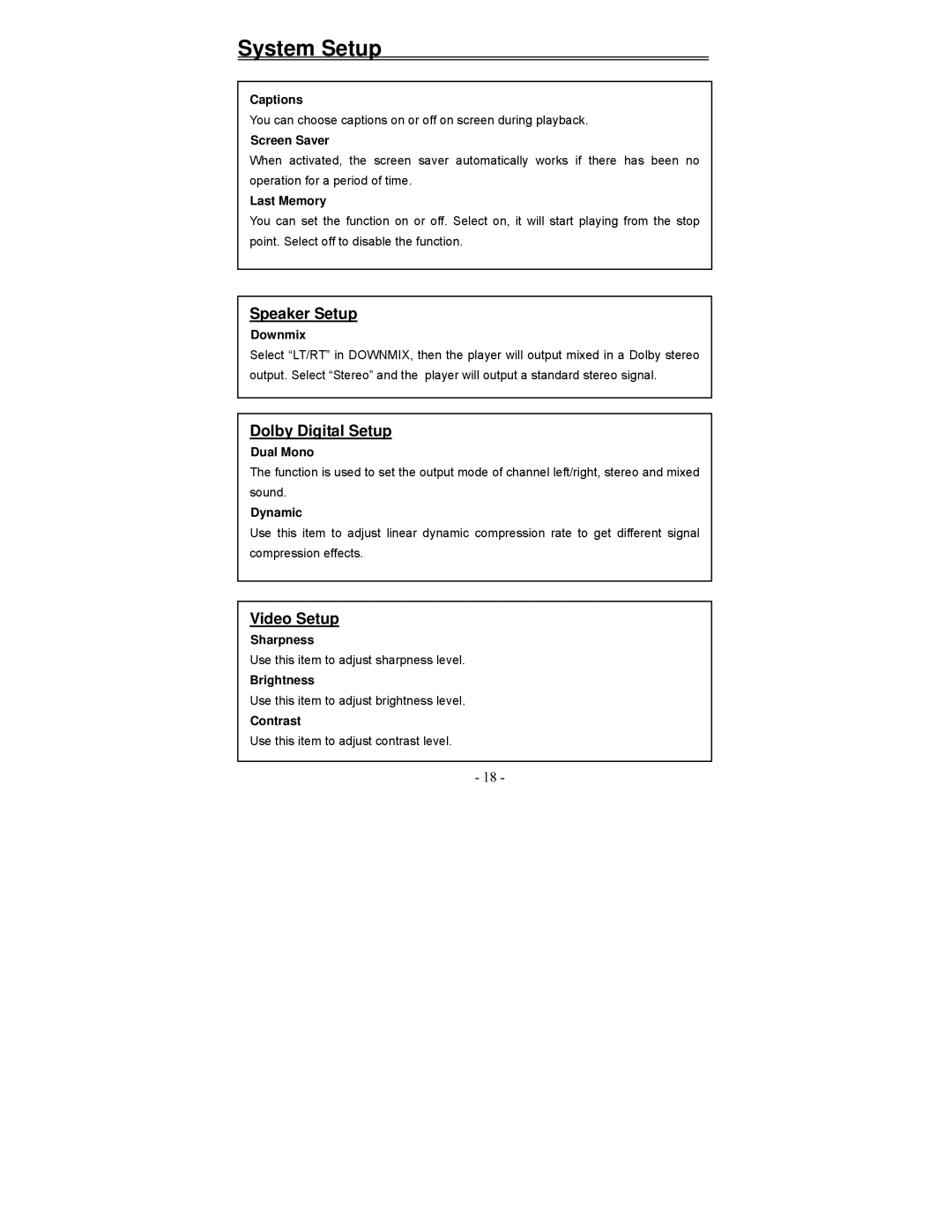 Polaroid PDV-1008N operation manual Speaker Setup, Dolby Digital Setup, Video Setup 