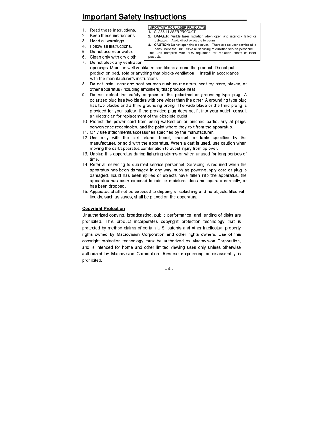 Polaroid PDV-1008N operation manual Follow all instructions Do not use near water, Copyright Protection 