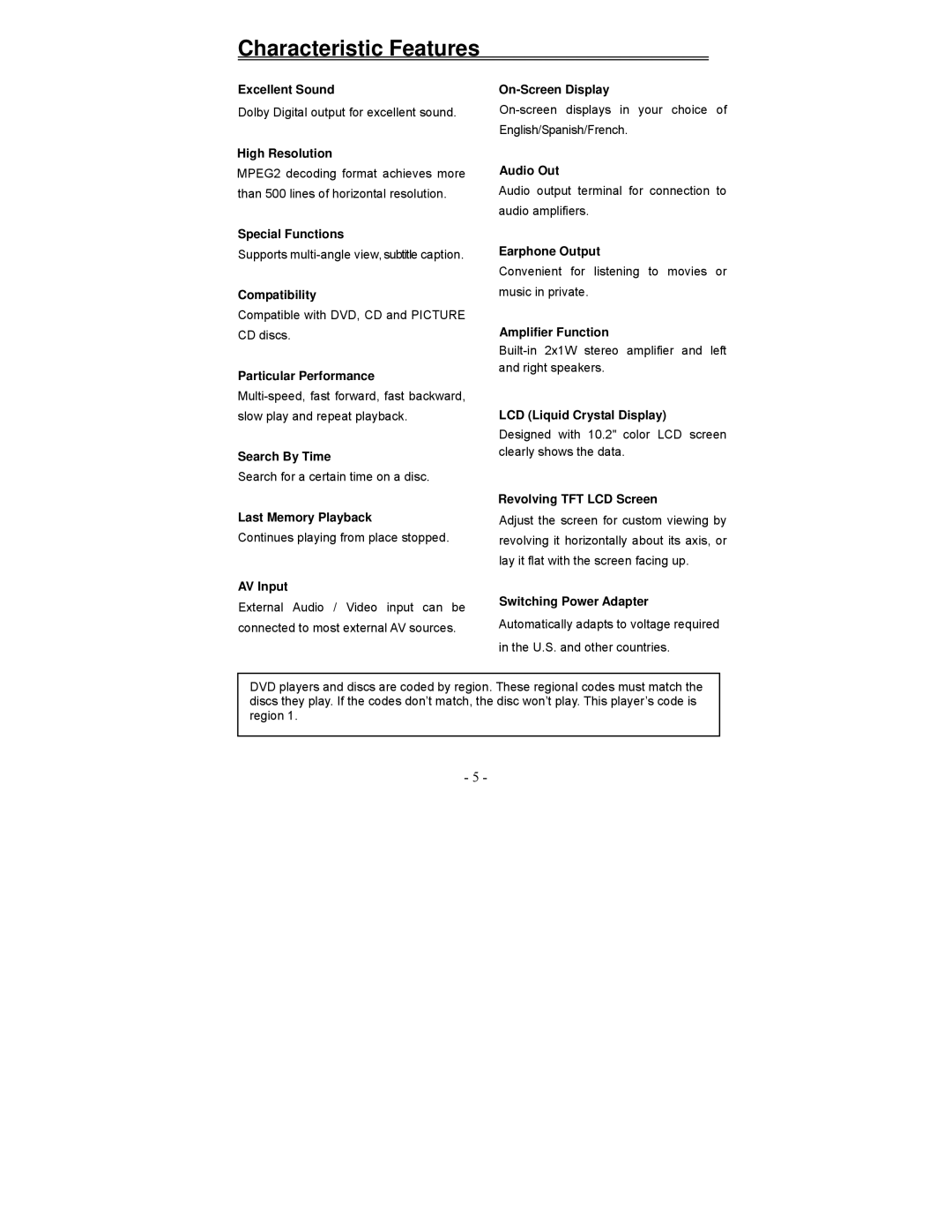 Polaroid PDV-1008N operation manual Characteristic Features 