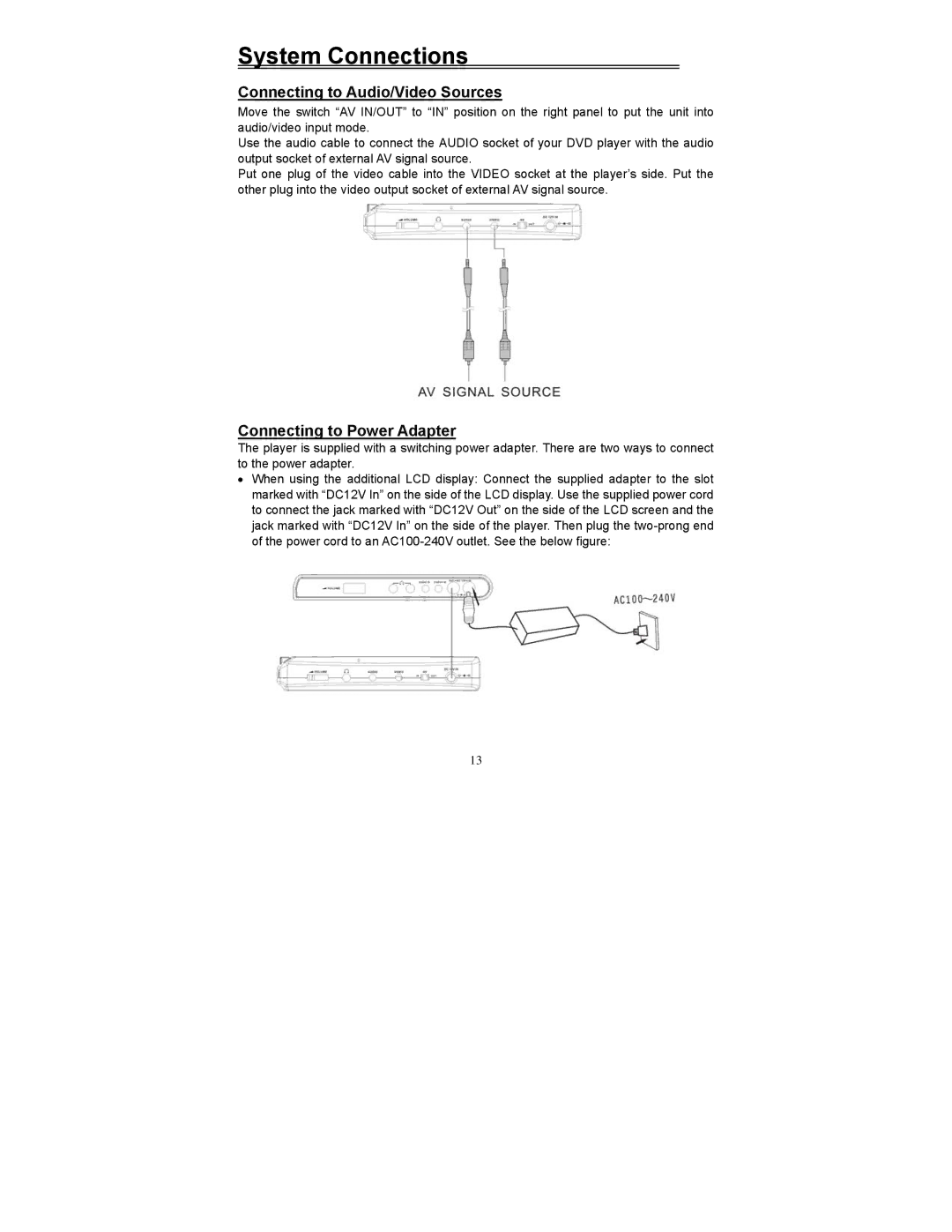 Polaroid PDV-523M2 manual Connecting to Audio/Video Sources, Connecting to Power Adapter 