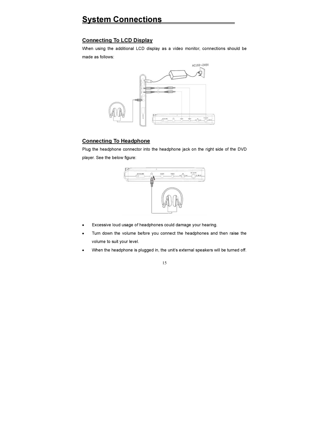 Polaroid PDV-523M2 manual Connecting To LCD Display, Connecting To Headphone 