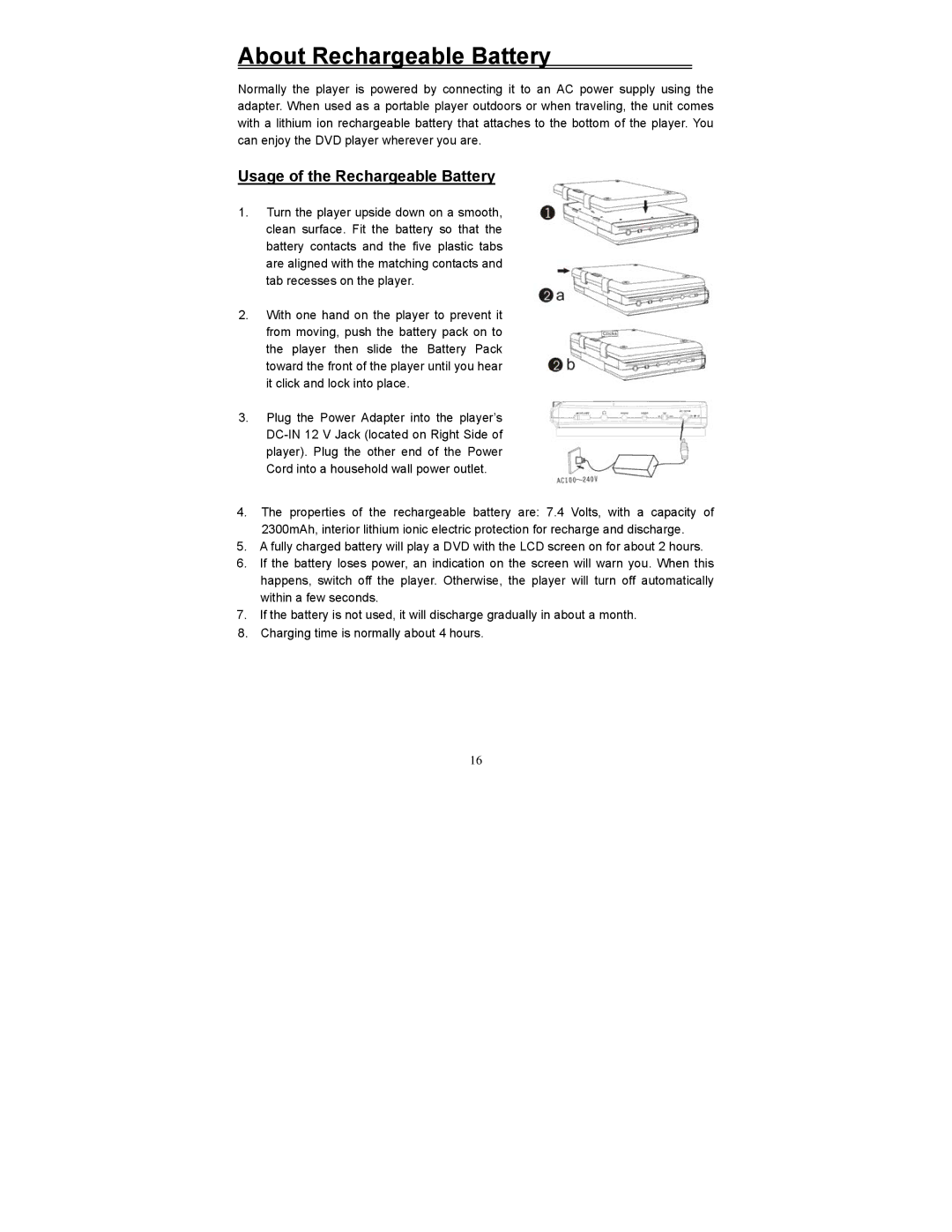 Polaroid PDV-523M2 manual About Rechargeable Battery, Usage of the Rechargeable Battery 