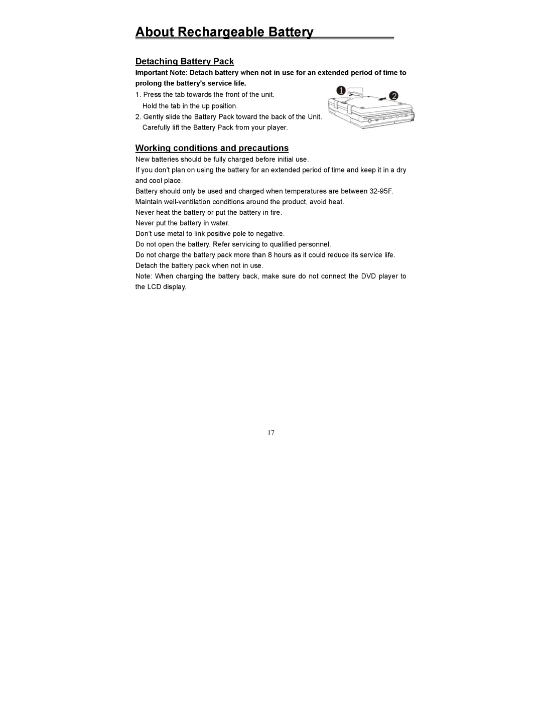 Polaroid PDV-523M2 manual Detaching Battery Pack, Working conditions and precautions 