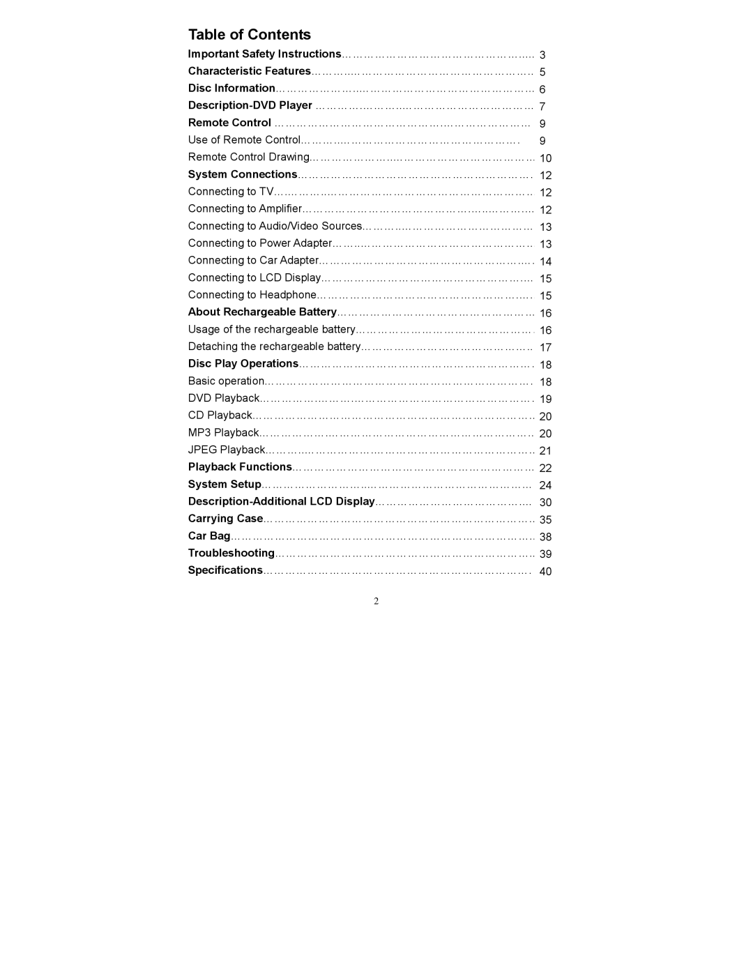 Polaroid PDV-523M2 manual Table of Contents 