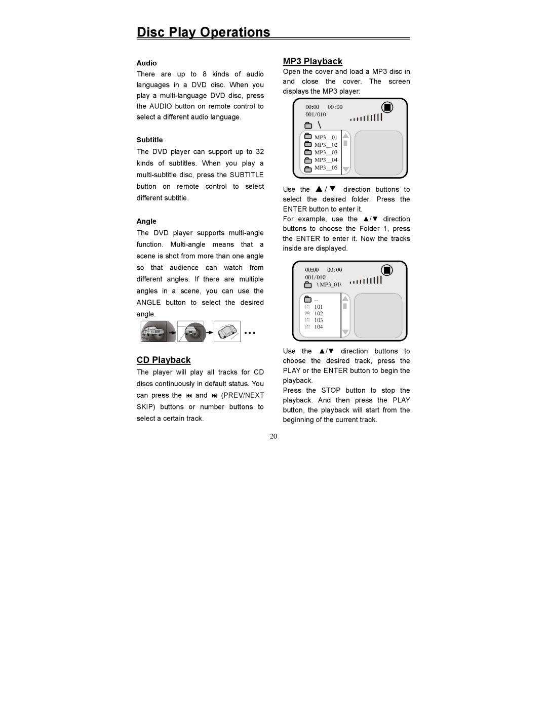 Polaroid PDV-523M2 manual CD Playback, MP3 Playback, Audio, Subtitle, Angle 