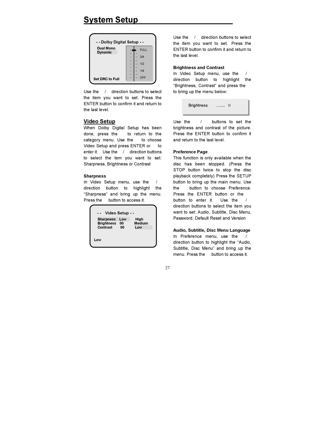 Polaroid PDV-523M2 manual Video Setup, Sharpness, Brightness and Contrast, Preference 