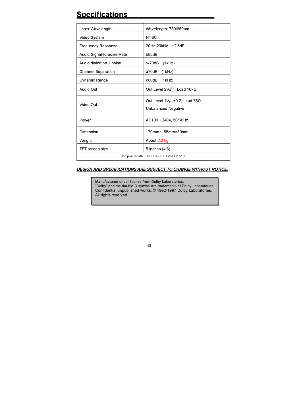 Polaroid PDV-523M2 manual Specifications, Ntsc 