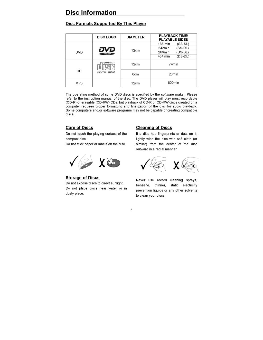 Polaroid PDV-523M2 manual Disc Information, Disc Formats Supported By This Player, Care of Discs Cleaning of Discs 