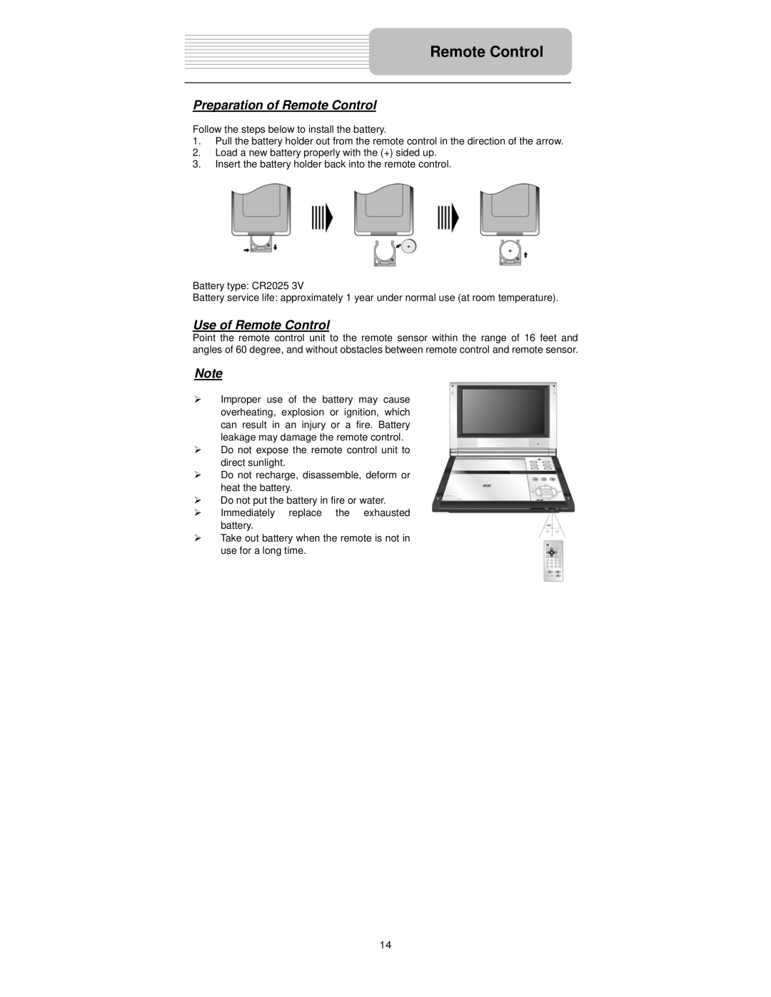 Polaroid PDX-0073 user manual Preparation of Remote Control, Use of Remote Control 