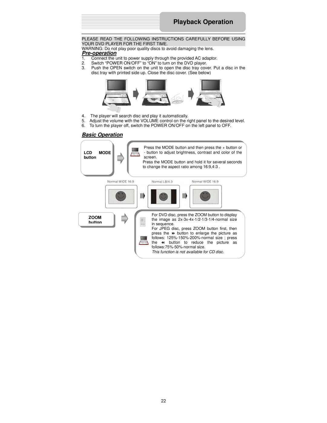 Polaroid PDX-0073 user manual Playback Operation, Pre-operation, Basic Operation, LCD Mode button 