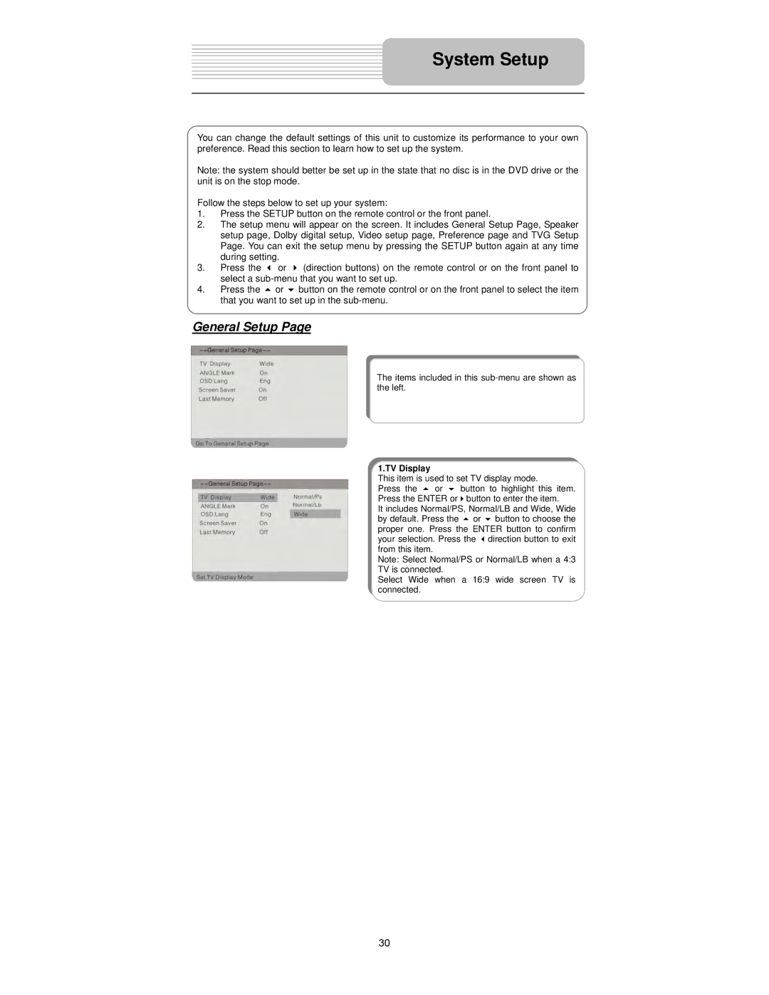 Polaroid PDX-0073 user manual General Setup, TV Display 