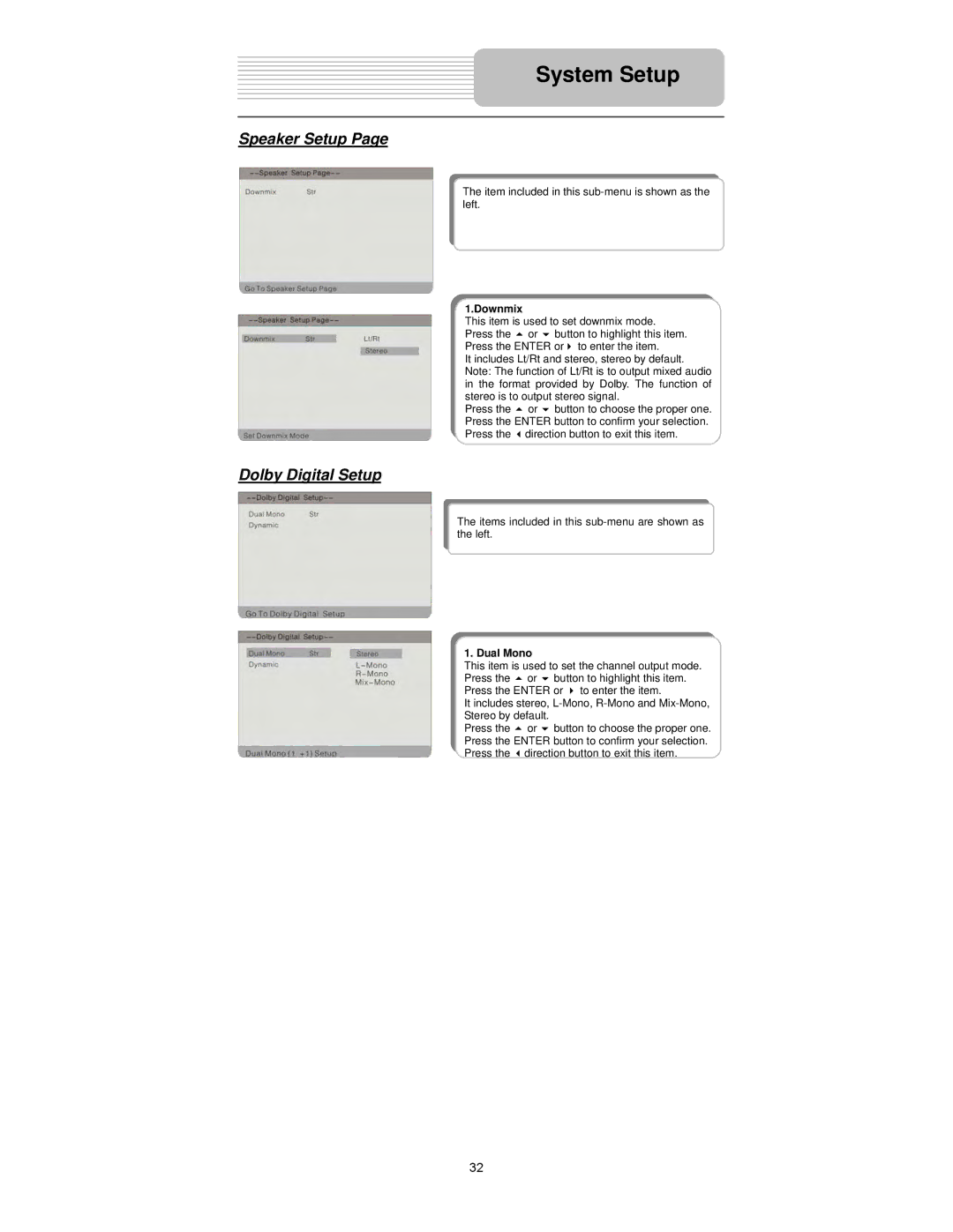 Polaroid PDX-0073 user manual Speaker Setup, Dolby Digital Setup, Downmix, Dual Mono 