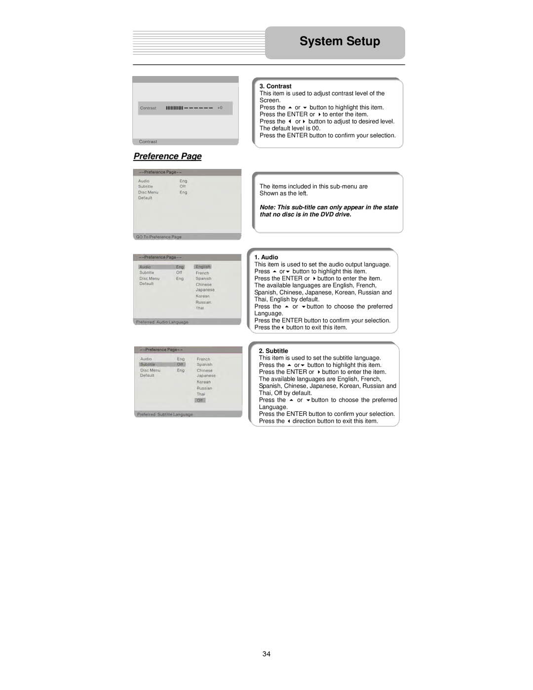 Polaroid PDX-0073 user manual Preference, Contrast, Audio, Subtitle 