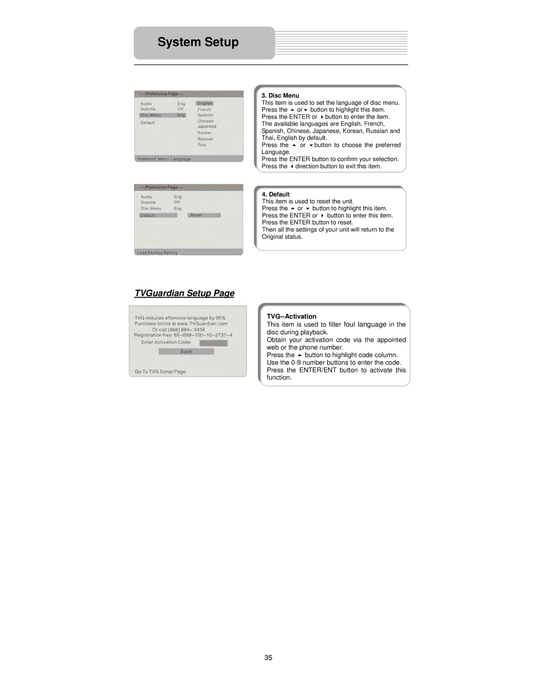 Polaroid PDX-0073 user manual TVGuardian Setup, TVG--Activation, Disc Menu, Default 