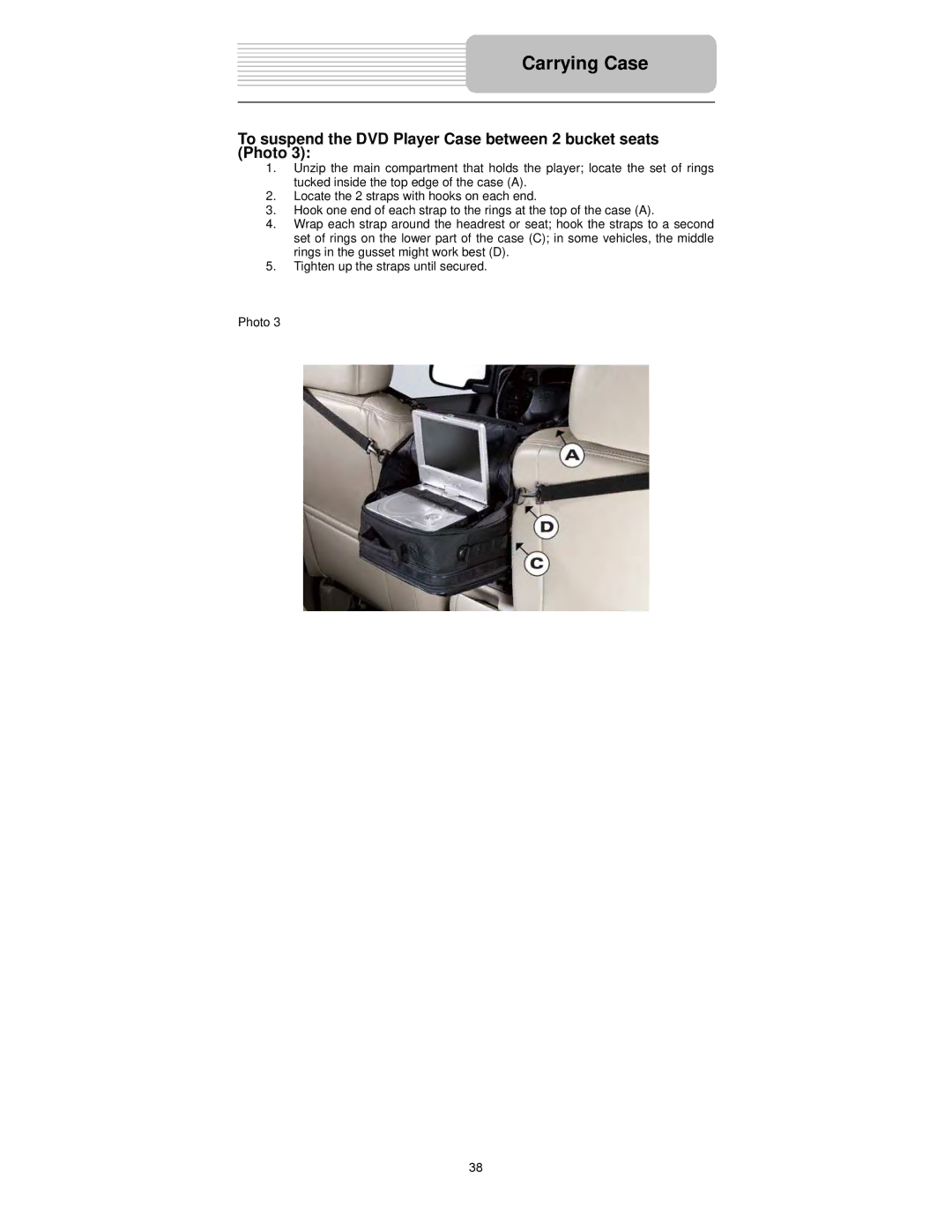 Polaroid PDX-0073 user manual To suspend the DVD Player Case between 2 bucket seats Photo 