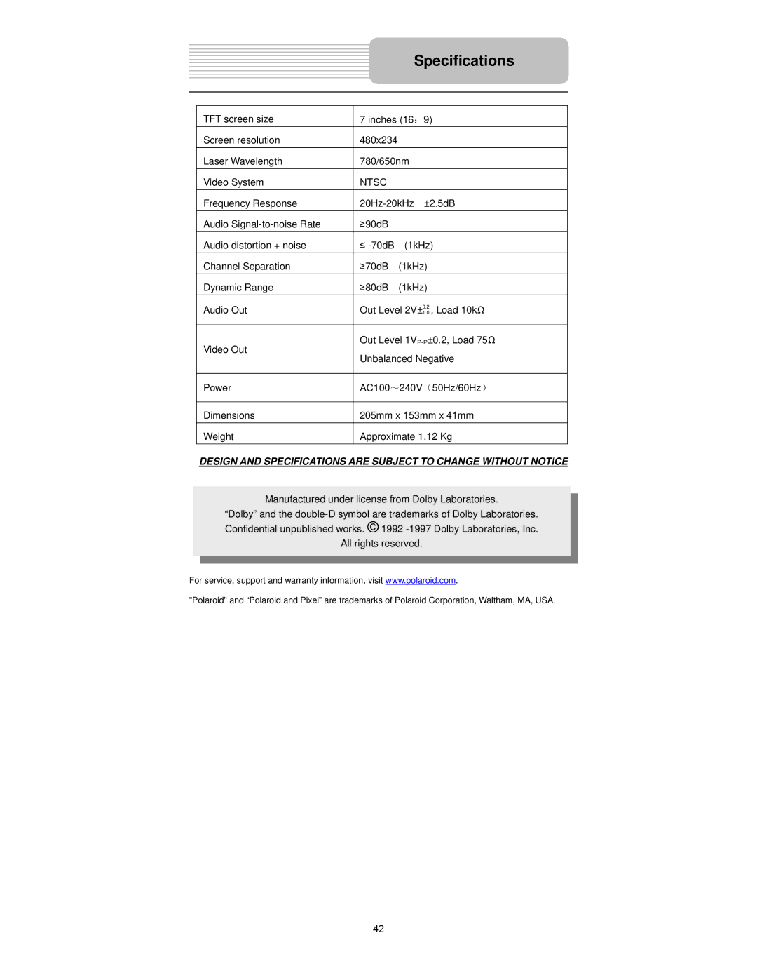 Polaroid PDX-0073 user manual Specifications, Ntsc 