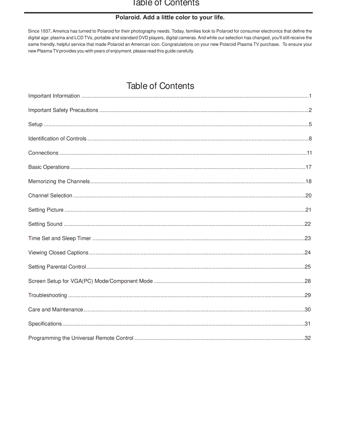 Polaroid PLA-4237 manual Table of Contents 