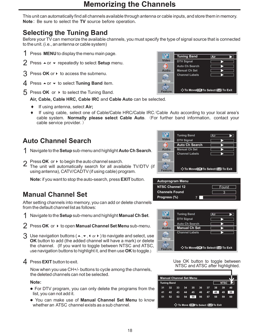 Polaroid PLA-4237 manual Memorizing the Channels, Selecting the Tuning Band, Auto Channel Search, Manual Channel Set 