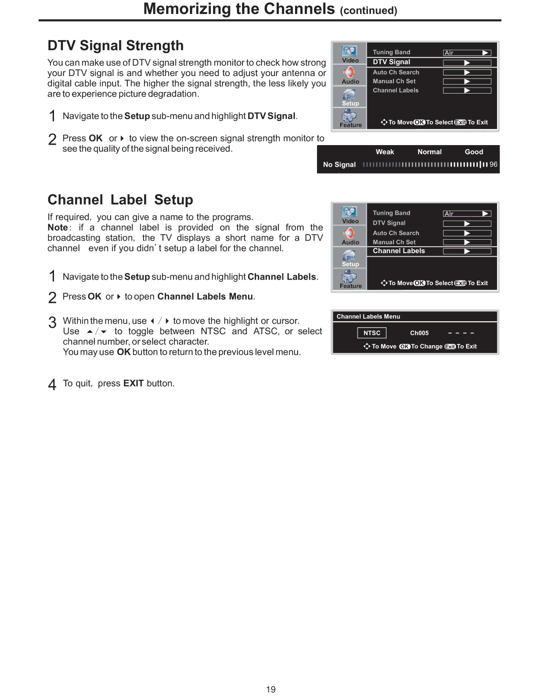 Polaroid PLA-4237 manual DTV Signal Strength, Channel Label Setup, See the quality of the signal being received 