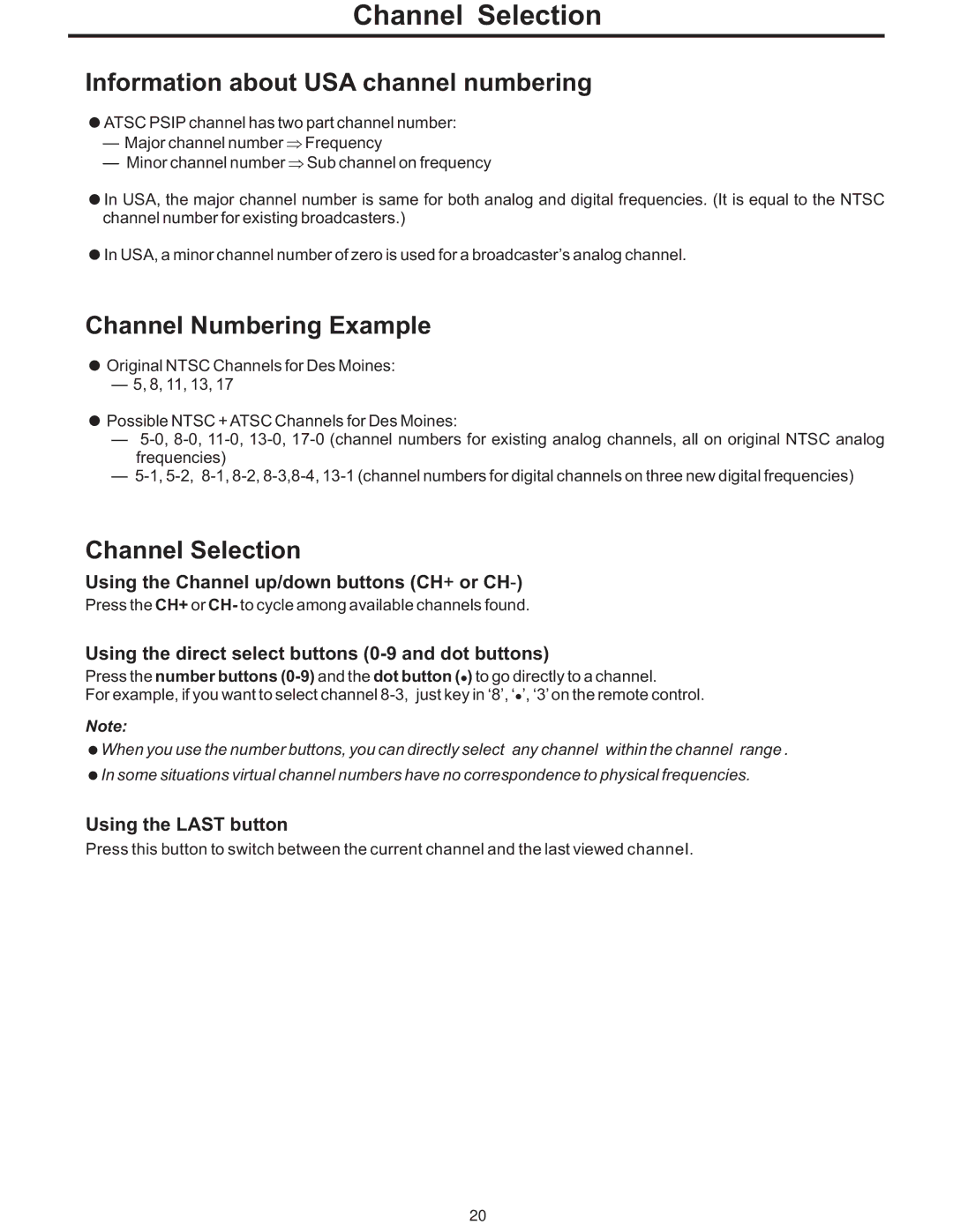 Polaroid PLA-4237 manual Channel Selection, Information about USA channel numbering, Channel Numbering Example 