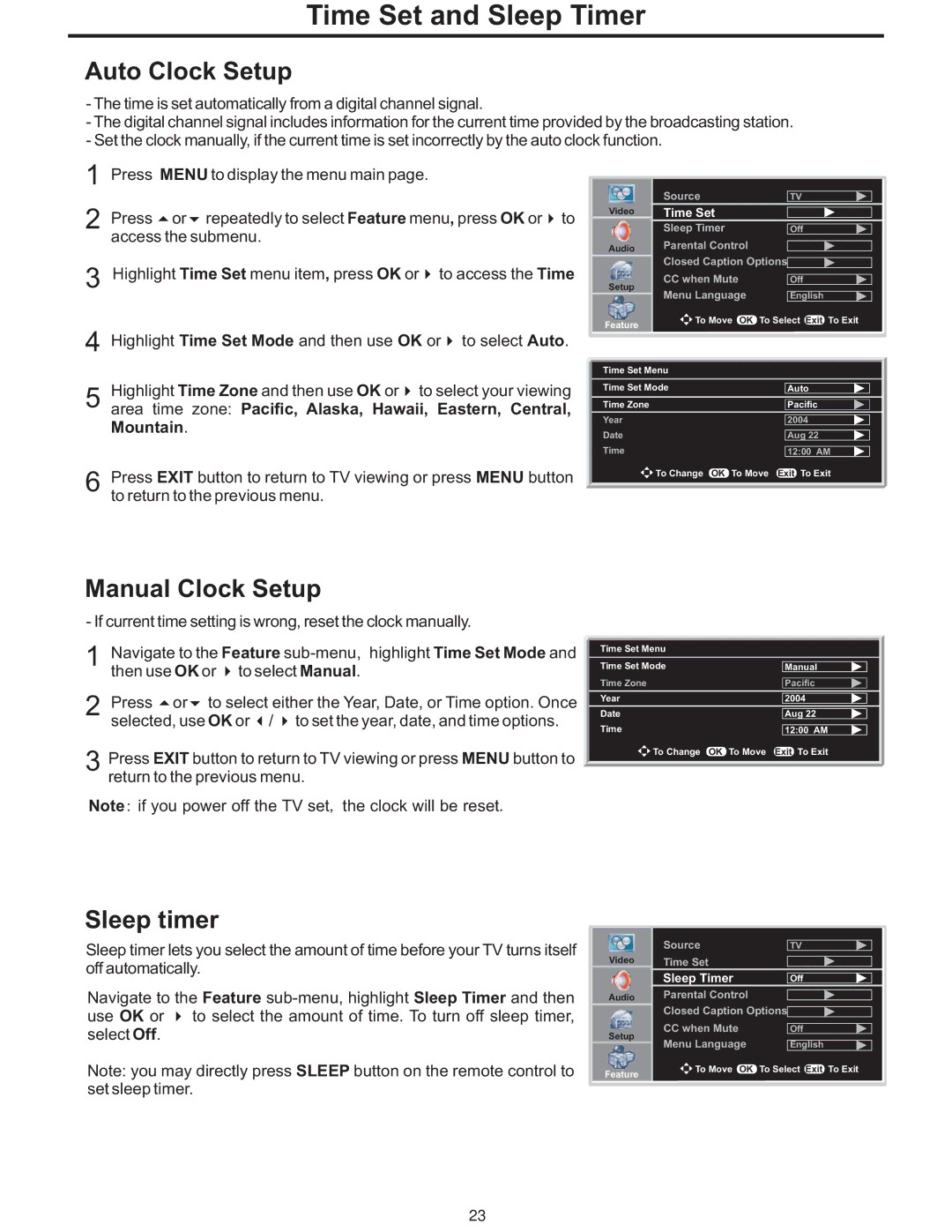 Polaroid PLA-4237 manual Time Set and Sleep Timer, Auto Clock Setup, Manual Clock Setup, Sleep timer 