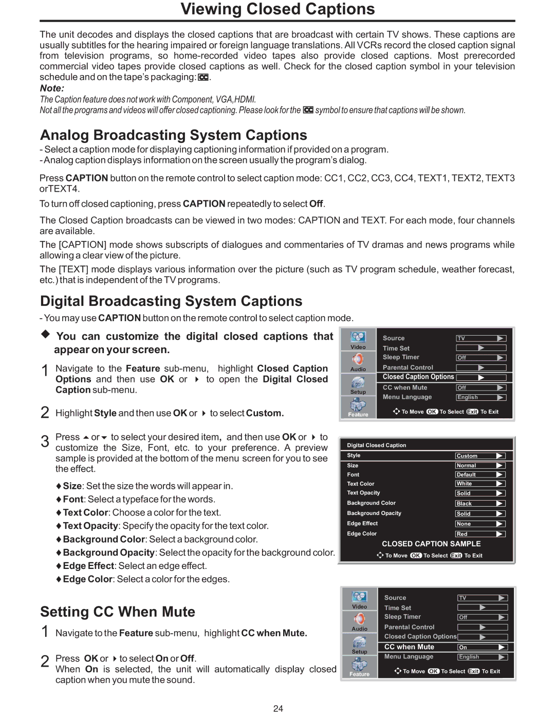 Polaroid PLA-4237 manual Viewing Closed Captions, Analog Broadcasting System Captions, Digital Broadcasting System Captions 