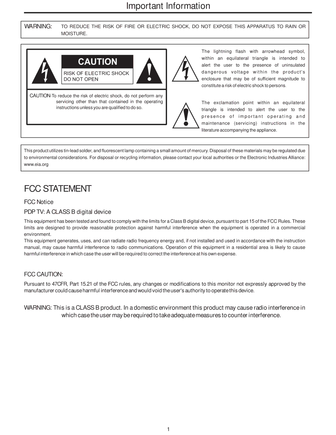 Polaroid PLA-4237 manual Important Information, FCC Notice PDP TV a Class B digital device 