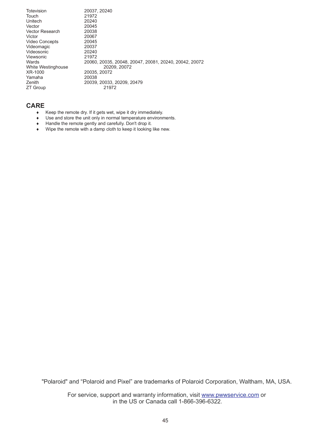 Polaroid PLA-4237 manual Care 