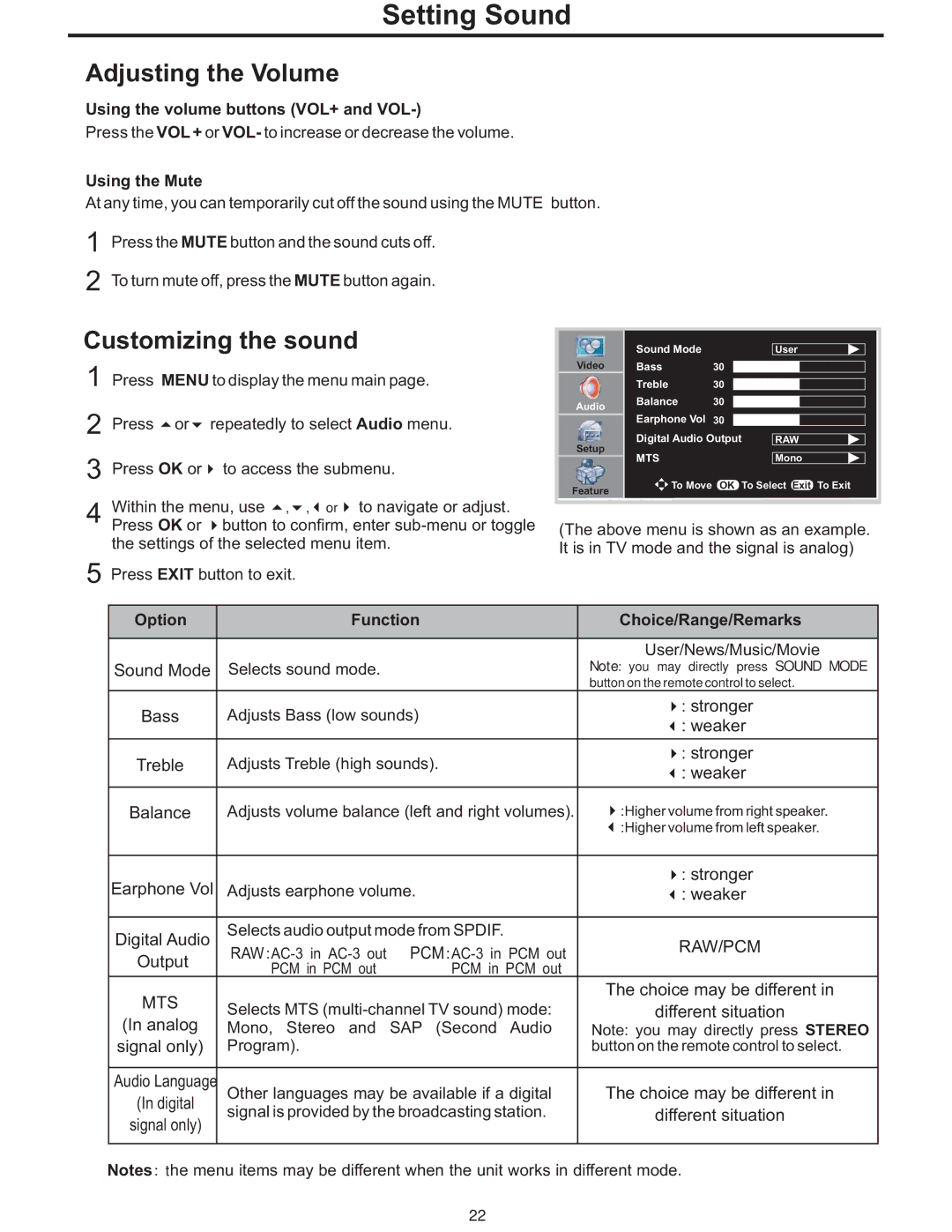 Polaroid PLA-4248 manual Setting Sound, Adjusting the Volume, Customizing the sound 