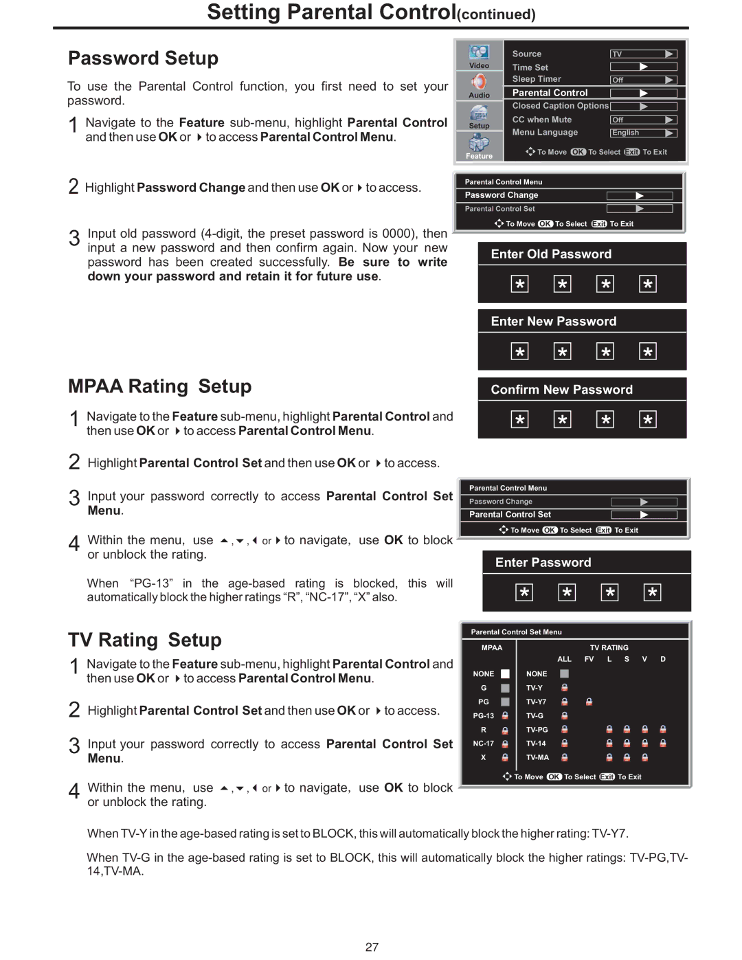 Polaroid PLA-4248 manual Password Setup, Mpaa Rating Setup, TV Rating Setup 