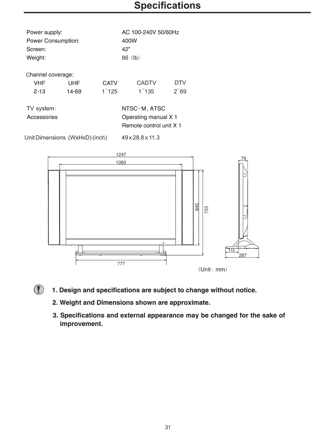 Polaroid PLA-4248 manual Specifications, Cadtv DTV 