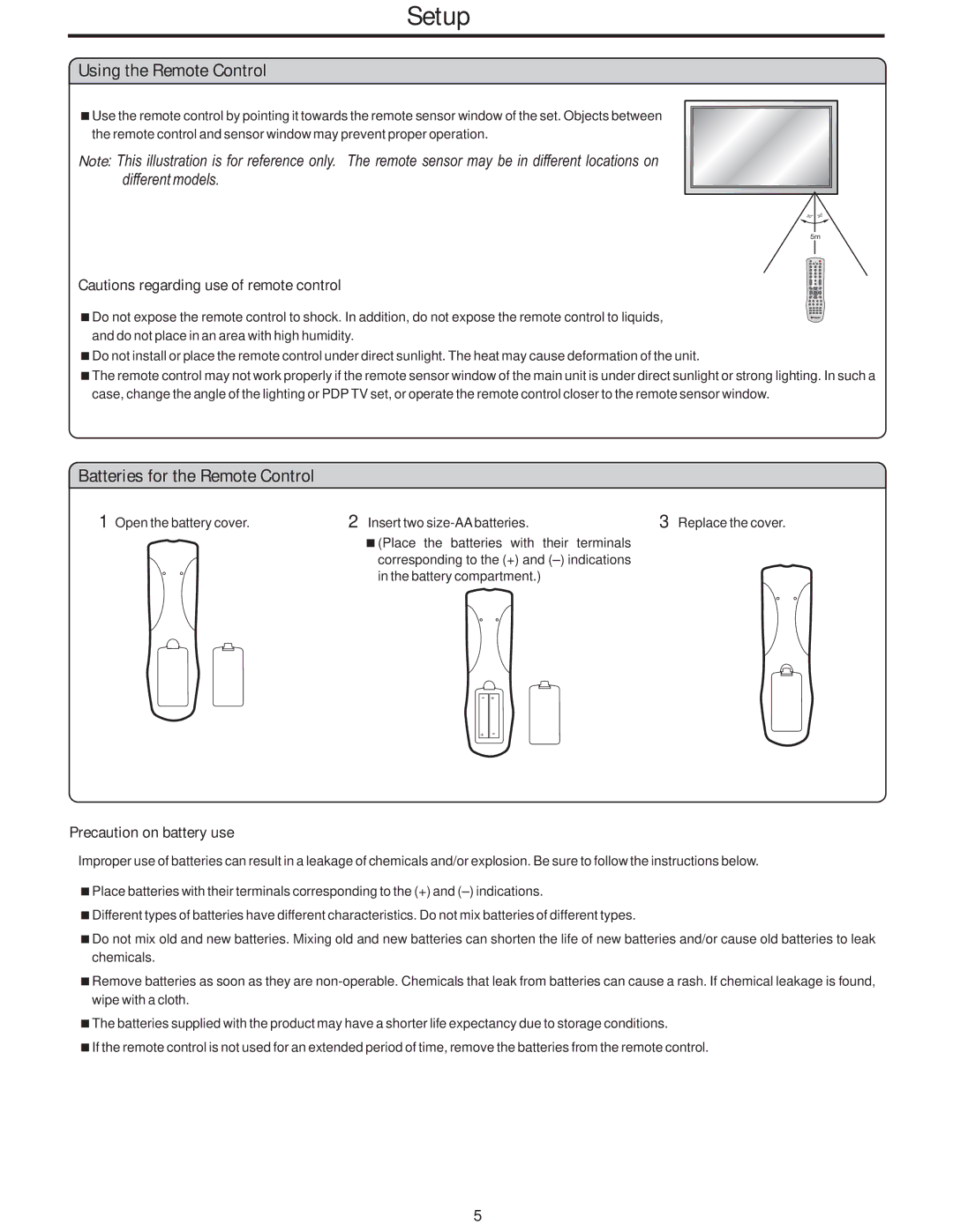 Polaroid PLA-4248 manual Setup, Using the Remote Control, Batteries for the Remote Control, Precaution on battery use 