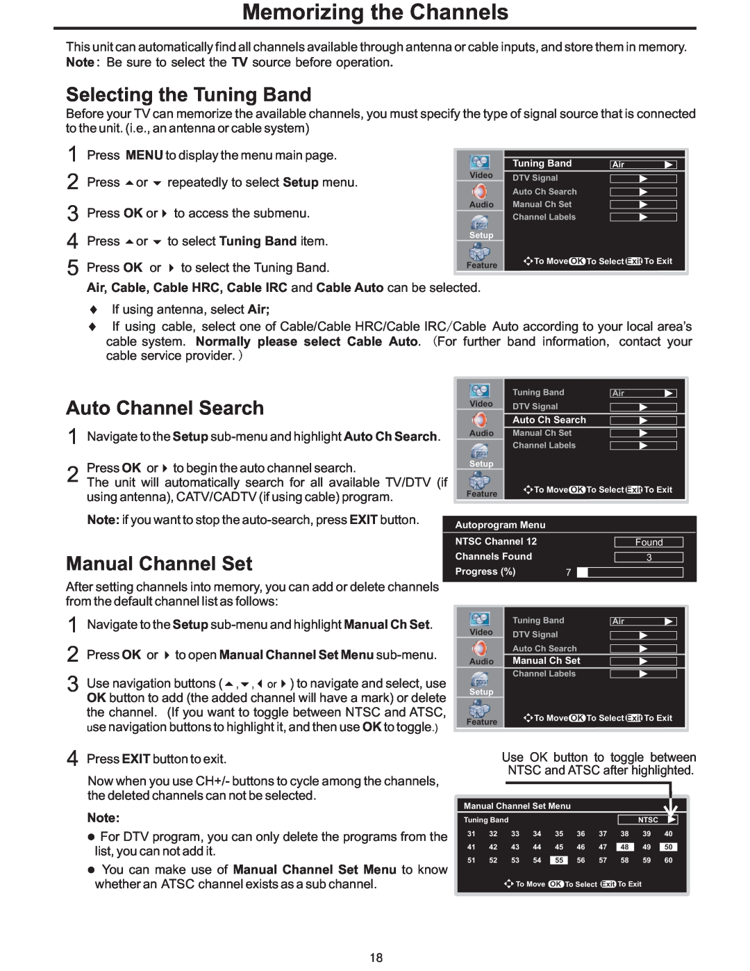 Polaroid PLA-4248 manual Memorizing the Channels, Selecting the Tuning Band, Auto Channel Search, Manual Channel Set 