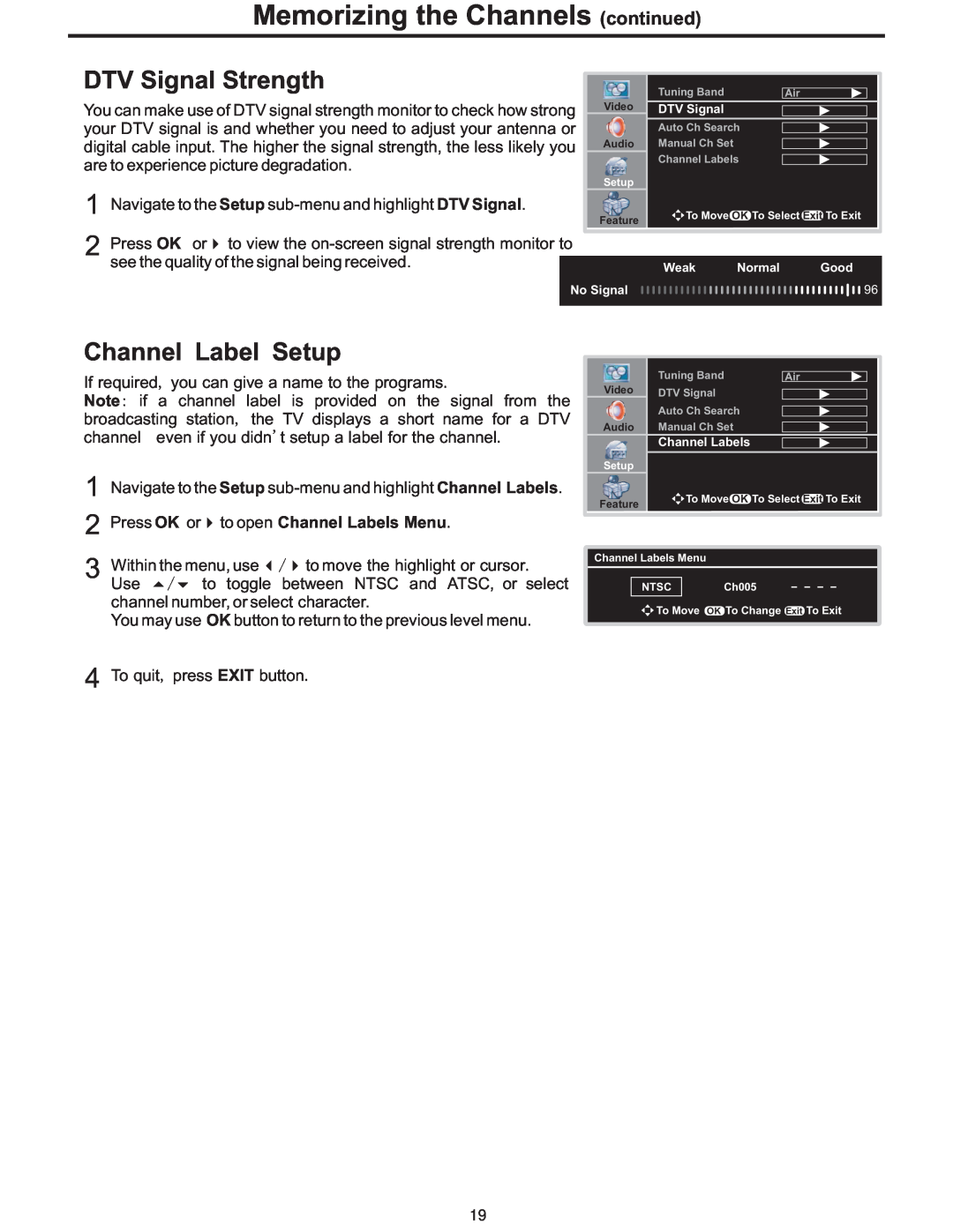 Polaroid PLA-4248 manual Memorizing the Channels continued, DTV Signal Strength, Channel Label Setup 