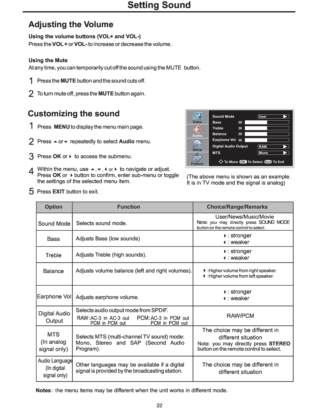 Polaroid PLA-4248 manual Setting Sound, Adjusting the Volume, Customizing the sound 