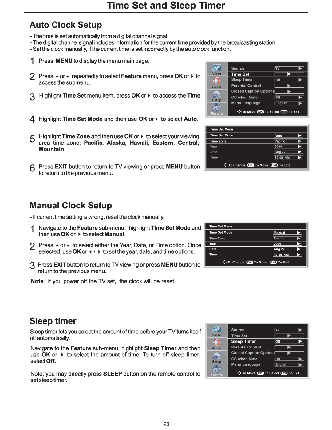 Polaroid PLA-4248 manual Time Set and Sleep Timer, Auto Clock Setup, Manual Clock Setup, Sleep timer 