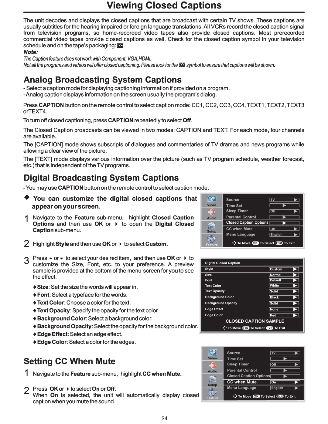 Polaroid PLA-4248 manual Viewing Closed Captions, Analog Broadcasting System Captions, Digital Broadcasting System Captions 