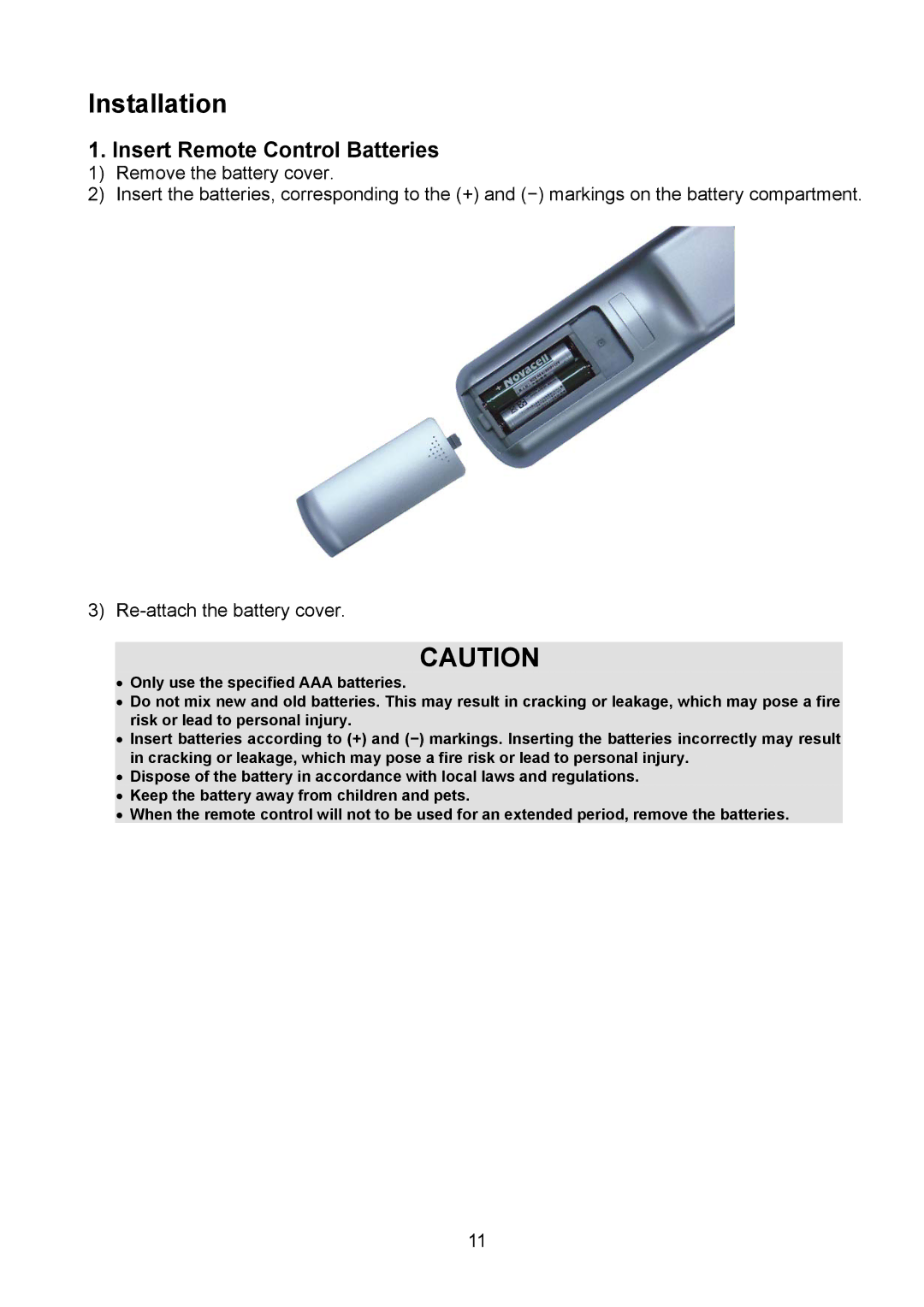 Polaroid PLA-4250A manual Installation, Insert Remote Control Batteries 