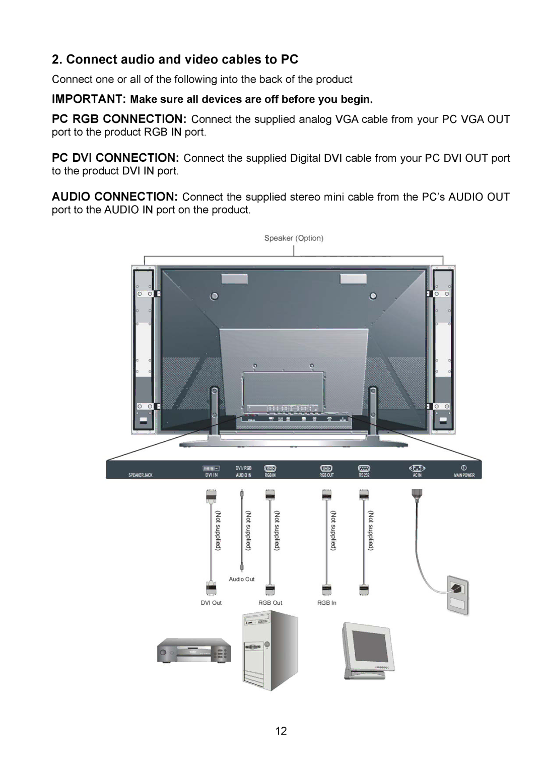 Polaroid PLA-4250A manual Connect audio and video cables to PC, Important Make sure all devices are off before you begin 