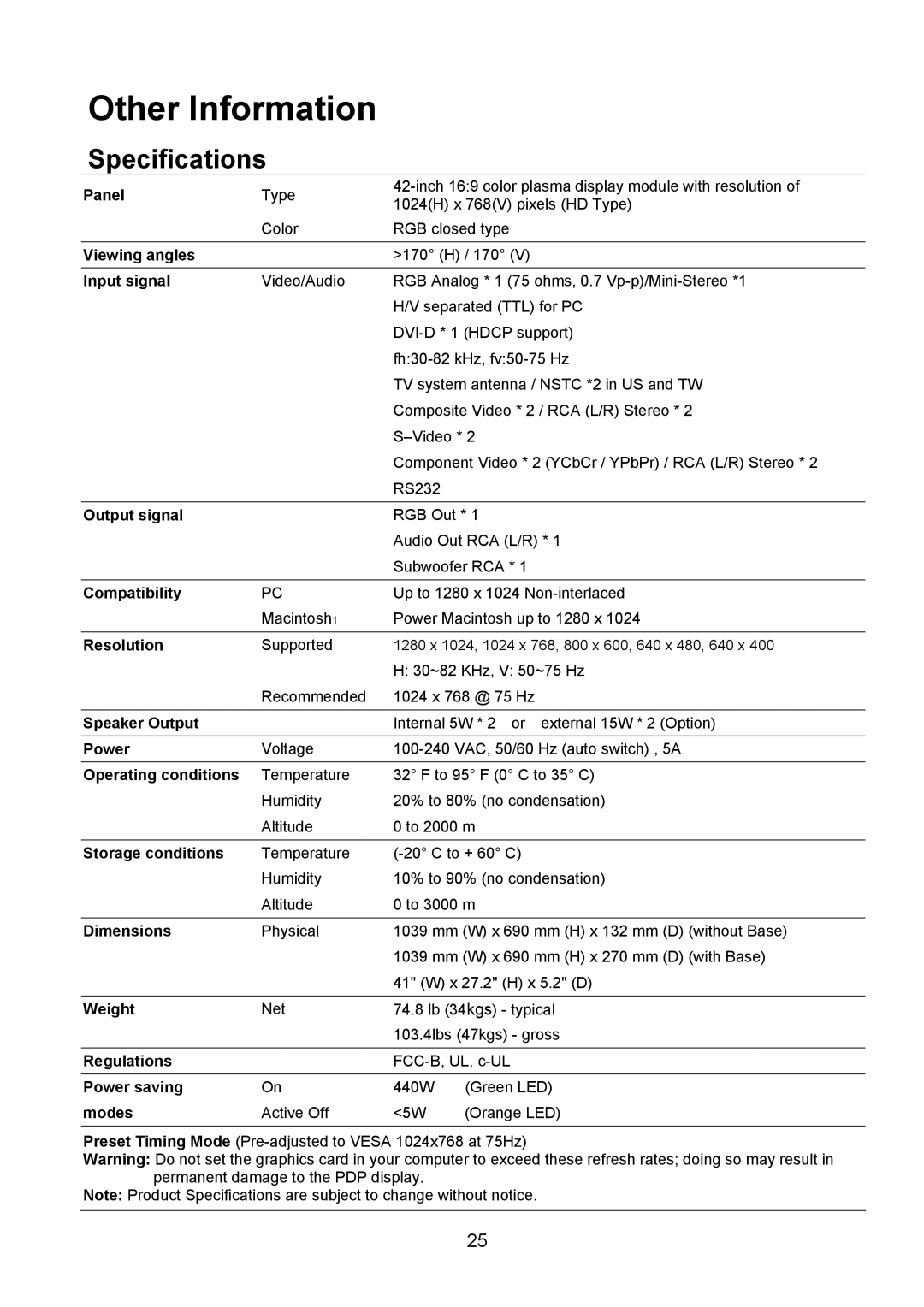 Polaroid PLA-4250A manual Other Information, Specifications 