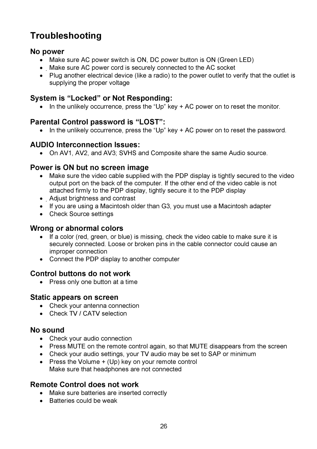 Polaroid PLA-4250A manual Troubleshooting 