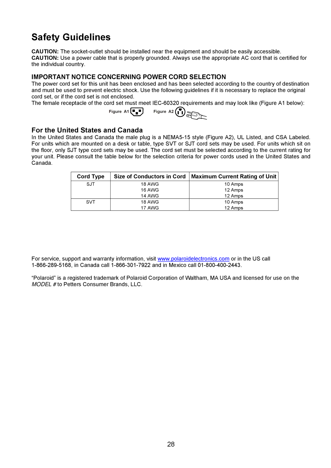 Polaroid PLA-4250A manual Safety Guidelines, Important Notice Concerning Power Cord Selection 