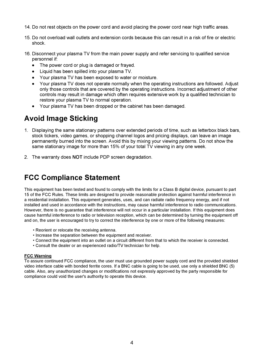 Polaroid PLA-4250A manual Avoid Image Sticking, FCC Compliance Statement 