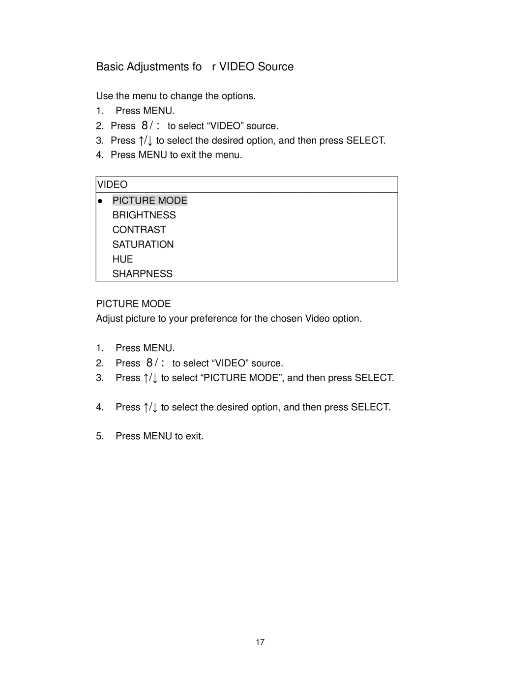 Polaroid PLA-4255BD operation manual Basic Adjustments for Video Source 